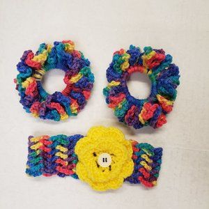 Woman's Handmade Crochet 2 Scrunchies and Headband |Multicolor| Yellow Flower